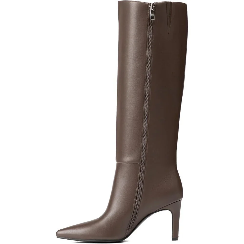 Women Stiletto Brown Side Zipper Pointed Toe Knee High Dress Fashion Boots